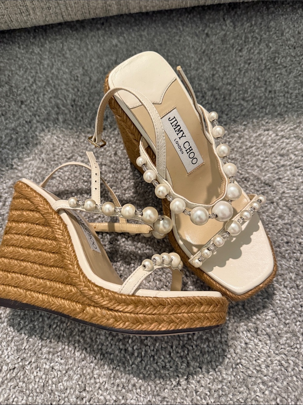 Jimmy Choo Ivory Pearl-Strap Espadrille Wedge Sandals